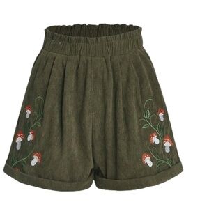 ROMWE High Waist Olive Shorts with Mushroom Embroidery